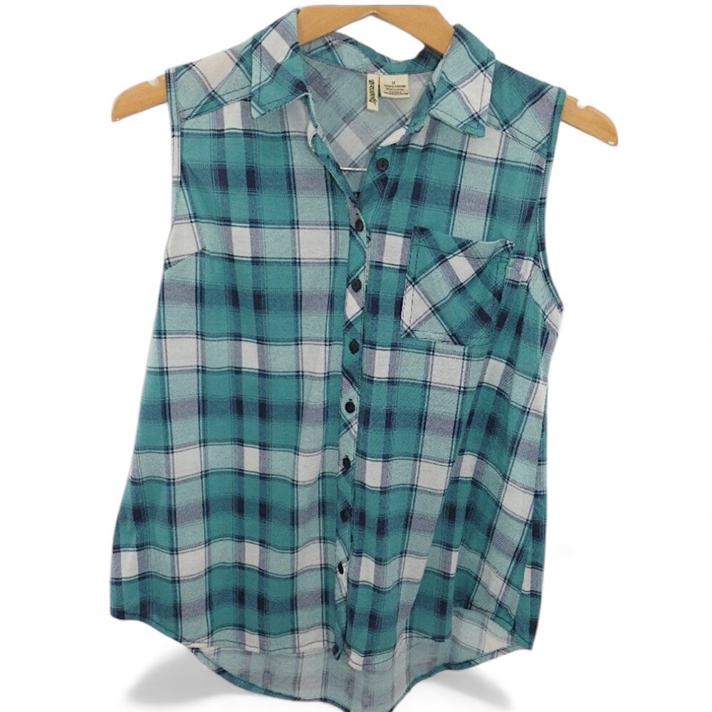 Passport Teal Plaid Sleeveless Button Up Collared Shirt Western Coastal Medium - Picture 2 of 6